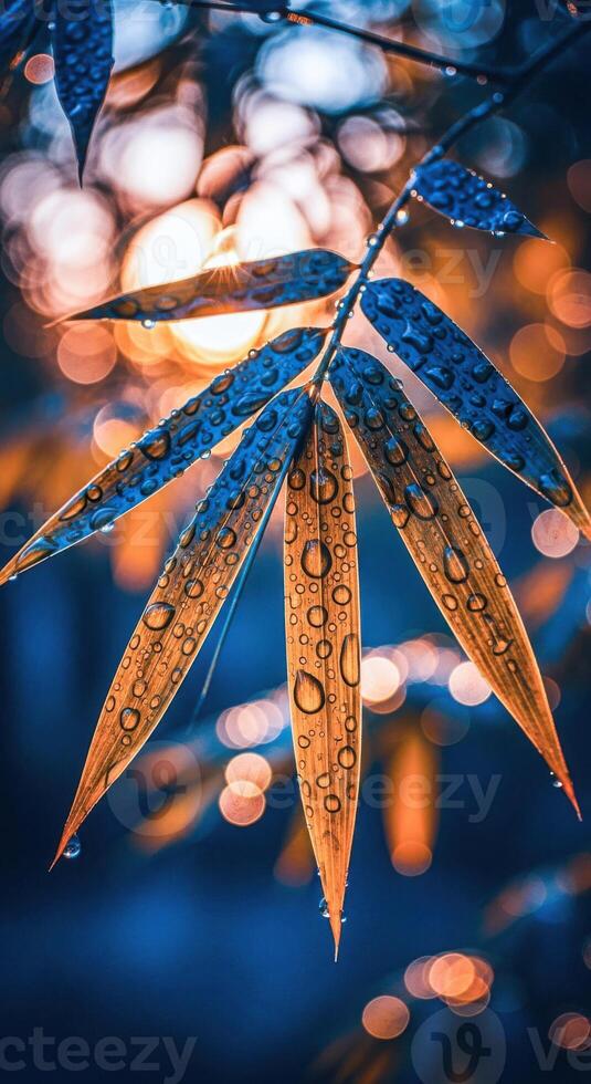 Dew Drops on Bamboo Leaves Sunset Bokeh Background photo