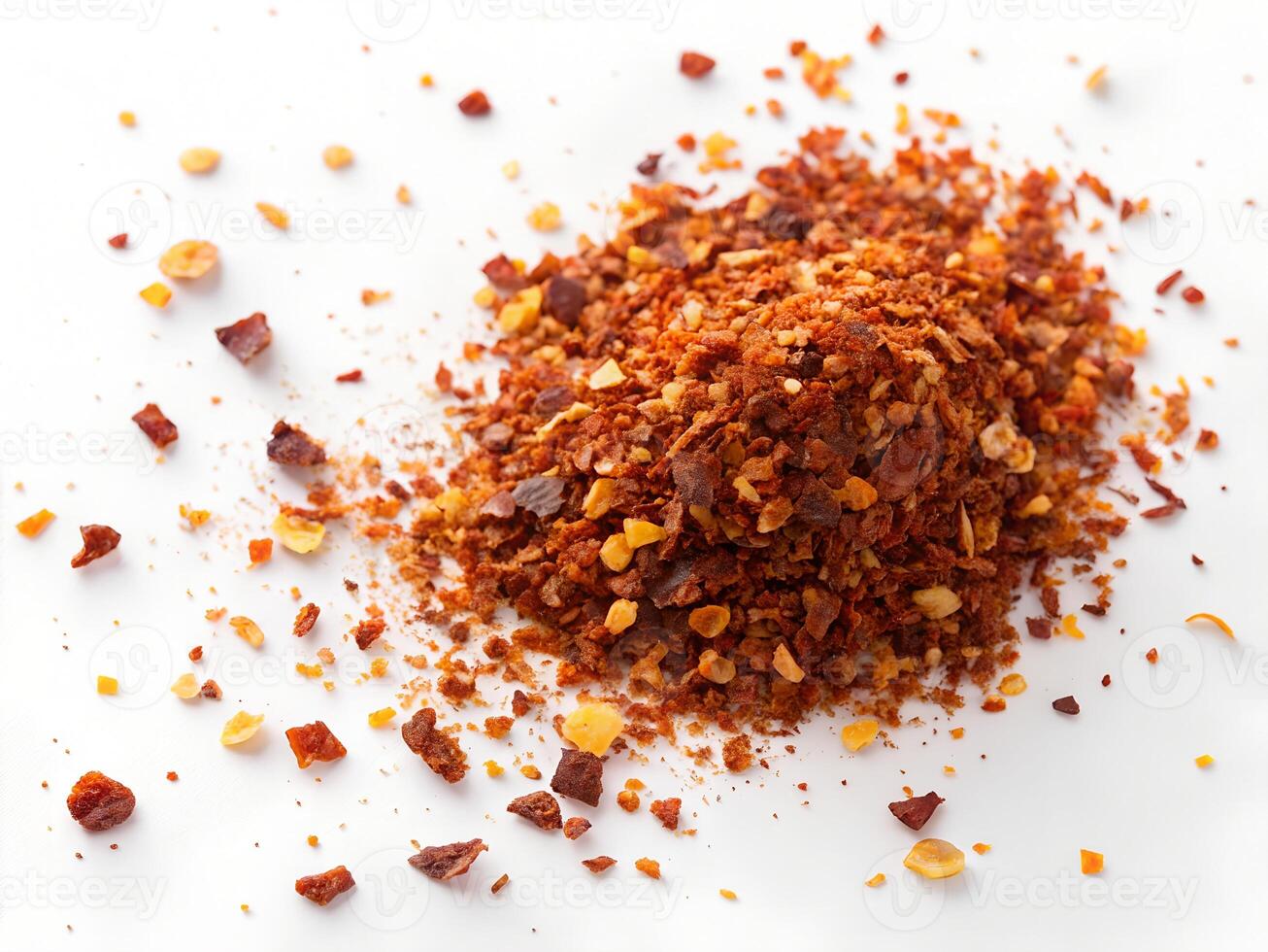 Vibrant red chili flakes scattered across a clean white surface for a bold culinary statement photo