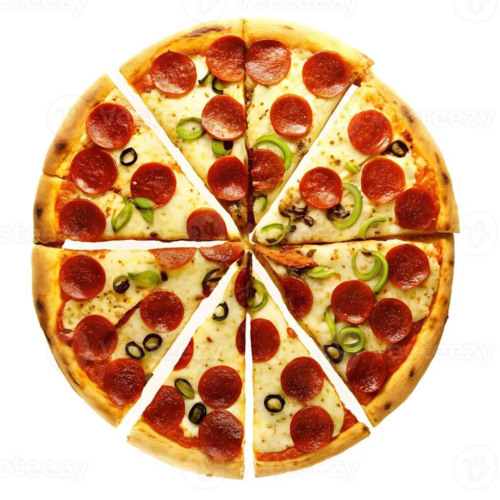 Deliciously sliced pepperoni pizza with green peppers and olives, presented on a clean white background for a mouthwatering appeal. photo