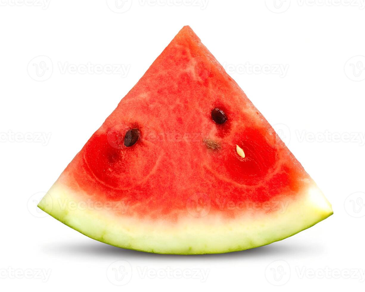 Brightly lit juicy slice of watermelon with visible seeds and rind against a clean white background, highlighting its refreshing texture and vibrant color. photo