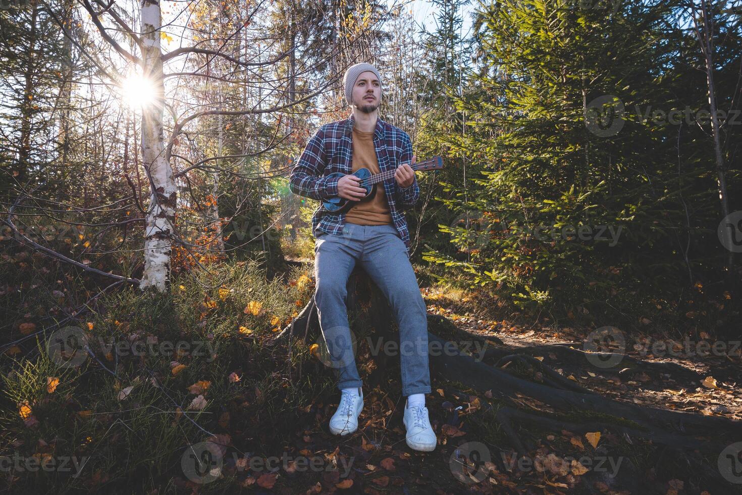 Soft afternoon sunlight glows on a ukulele player as he sits quietly on a rustic bench in a colorful autumn forest photo