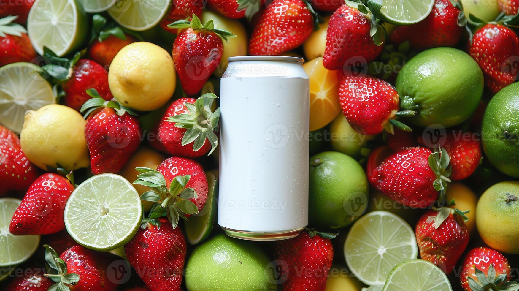 A Cool Can of Refreshment Surrounded by Vibrant Strawberries, Limes, and Lemons photo