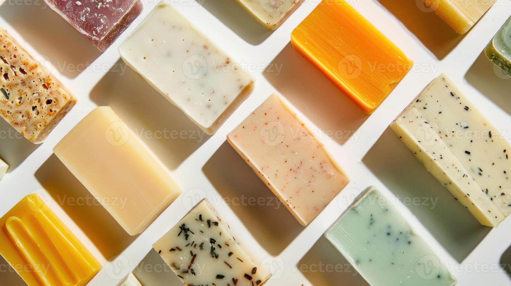 A Colorful Array of Handmade Soaps Arranged on a White Surface, Capturing a Moment of Tranquility and Cleanliness photo