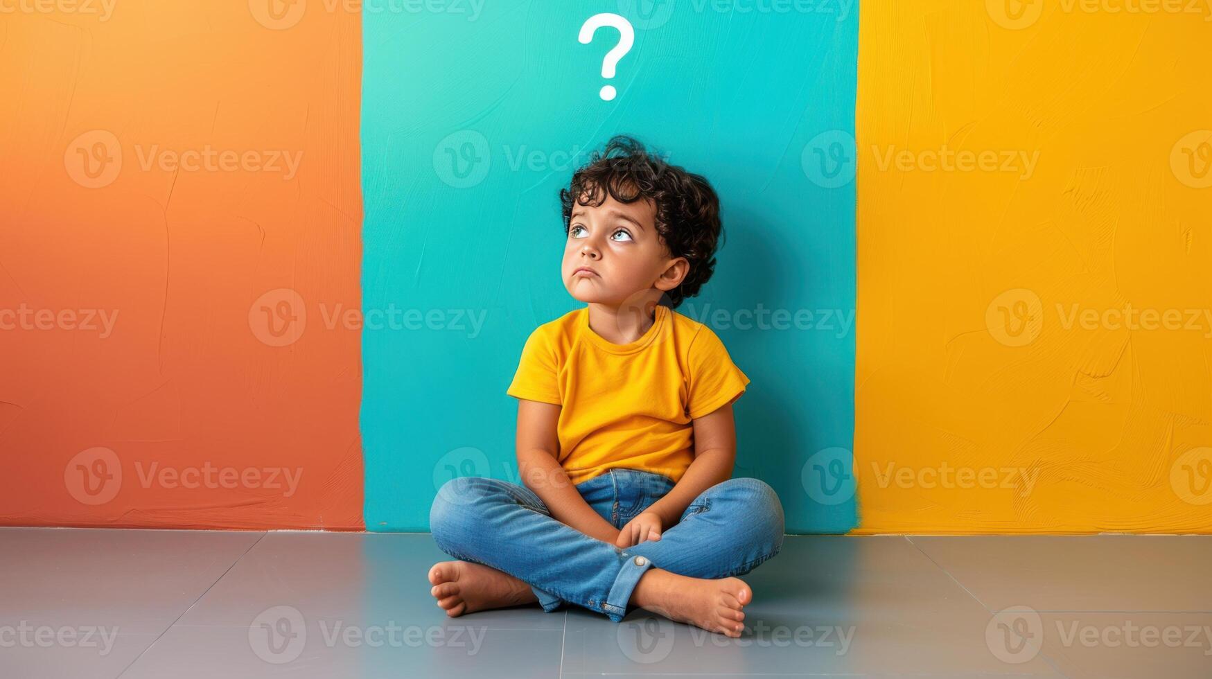 Young Boy Contemplating a Question in Front of a Colorful Wall photo