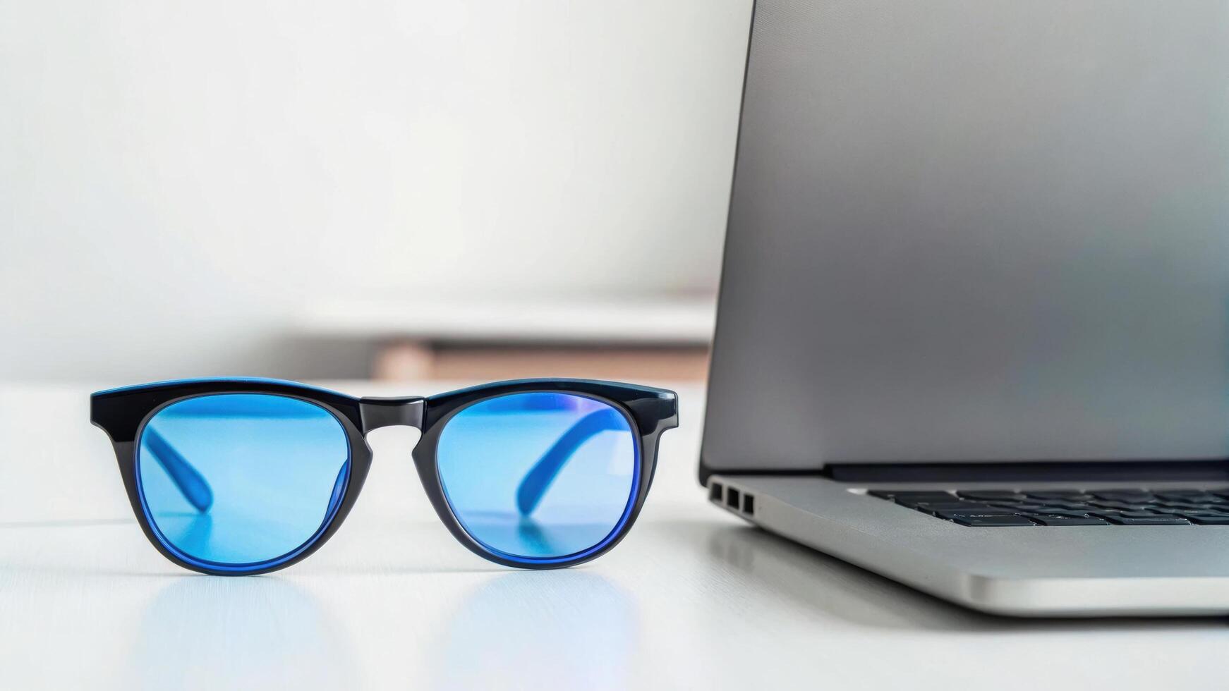 Stylish blue light glasses rest on desk beside laptop, reflecting modern and tech savvy workspace photo