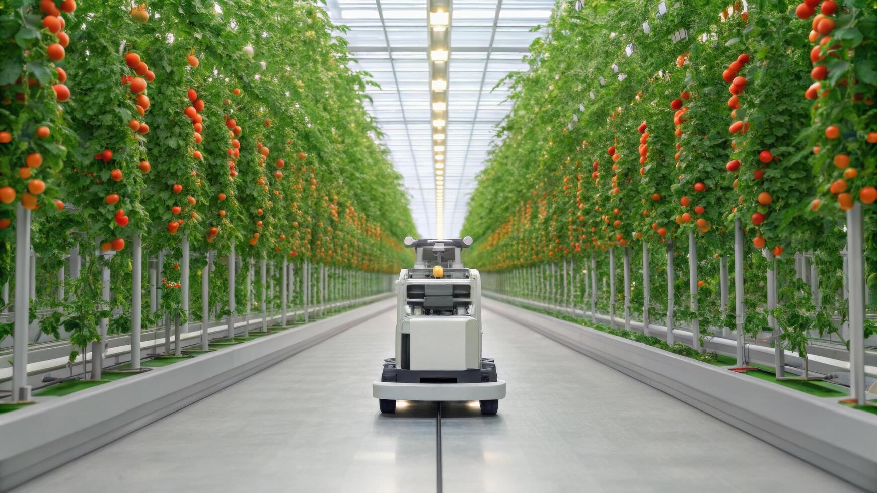 A robot driving through a large greenhouse with tomatoes photo