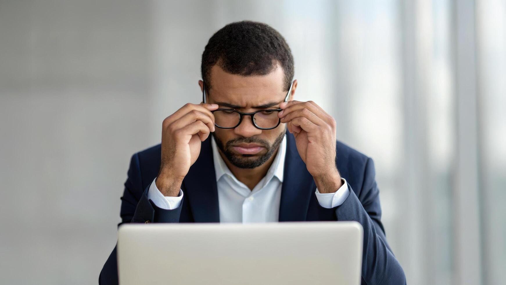 Tired professional in suit removes glasses while working on laptop, showing fatigue. setting is modern office with large windows, emphasizing high pressure work environment photo