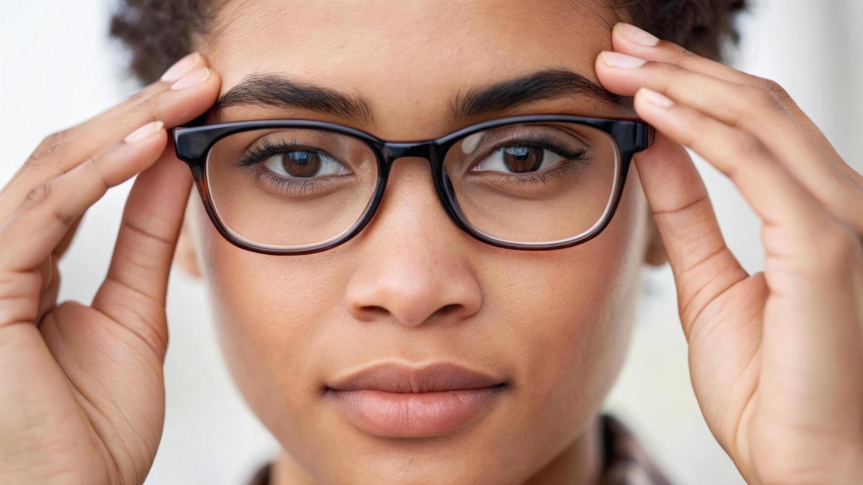 Person adjusting their glasses with focus and confidence, showcasing close up of their face. image highlights details of glasses and person expression photo