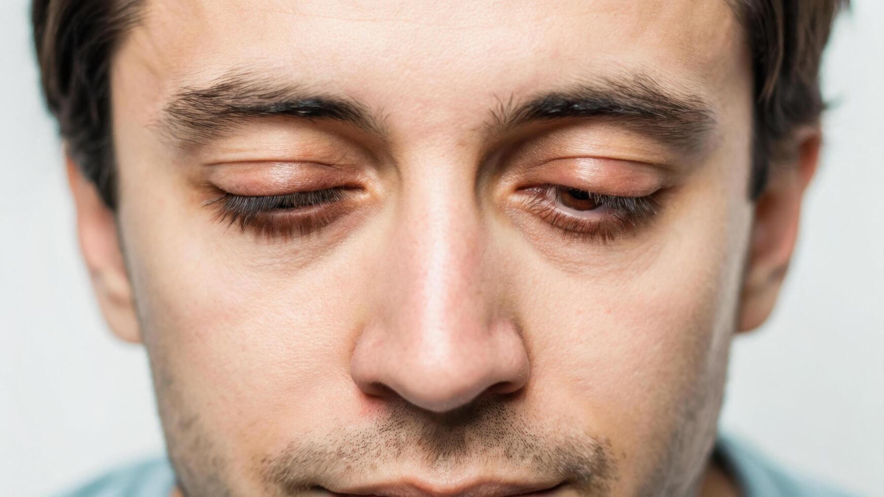Close up of tired man with eyes half closed, showing fatigue and weariness. image captures details of his facial expression, emphasizing feeling of exhaustion photo