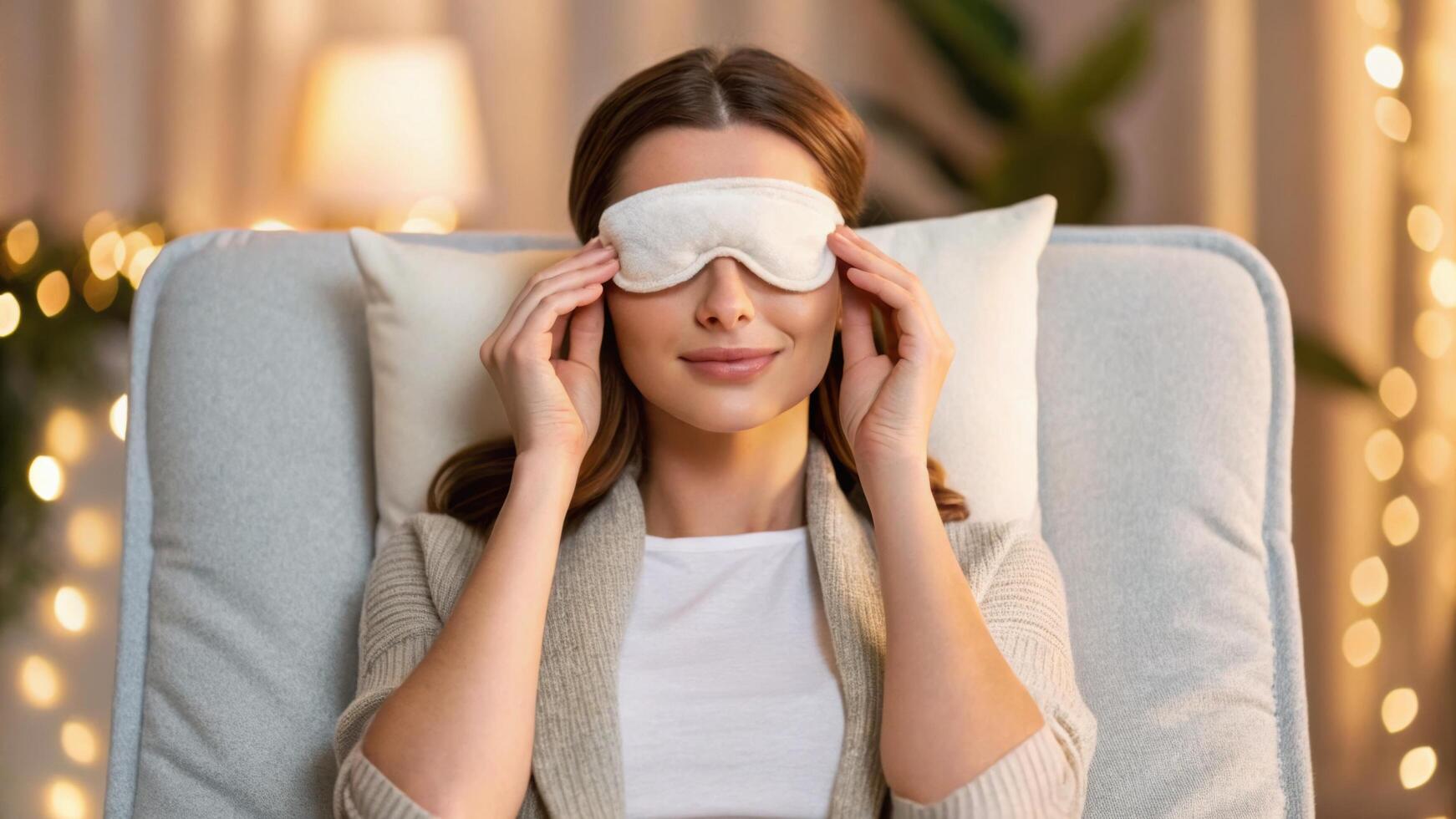 A woman is sitting in a chair with a white eye mask photo