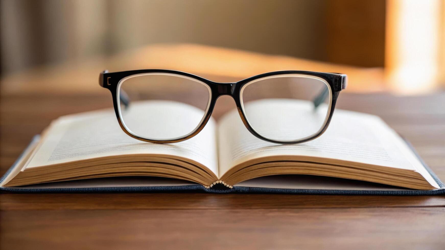 Stylish prescription glasses rest on open book, creating scene of intellectual curiosity and focus. wooden table adds warmth to setting photo