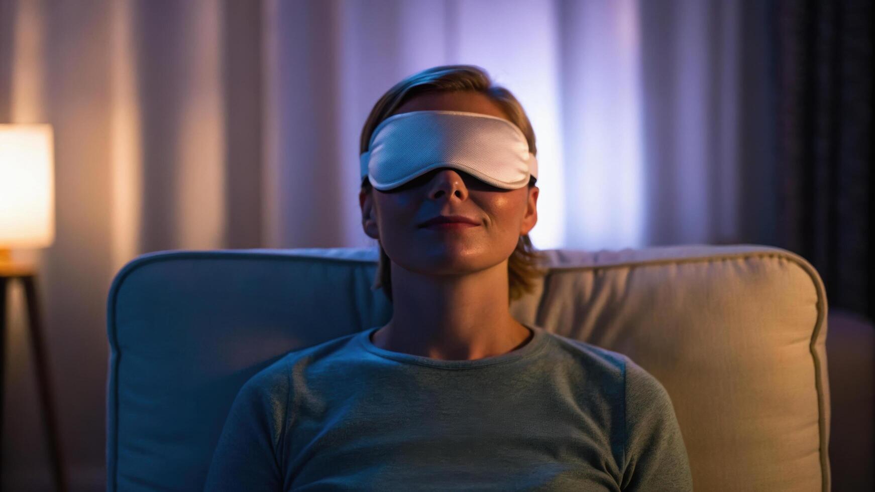 Person relaxing with soothing eye mask in dimly lit room, creating calm and peaceful atmosphere photo