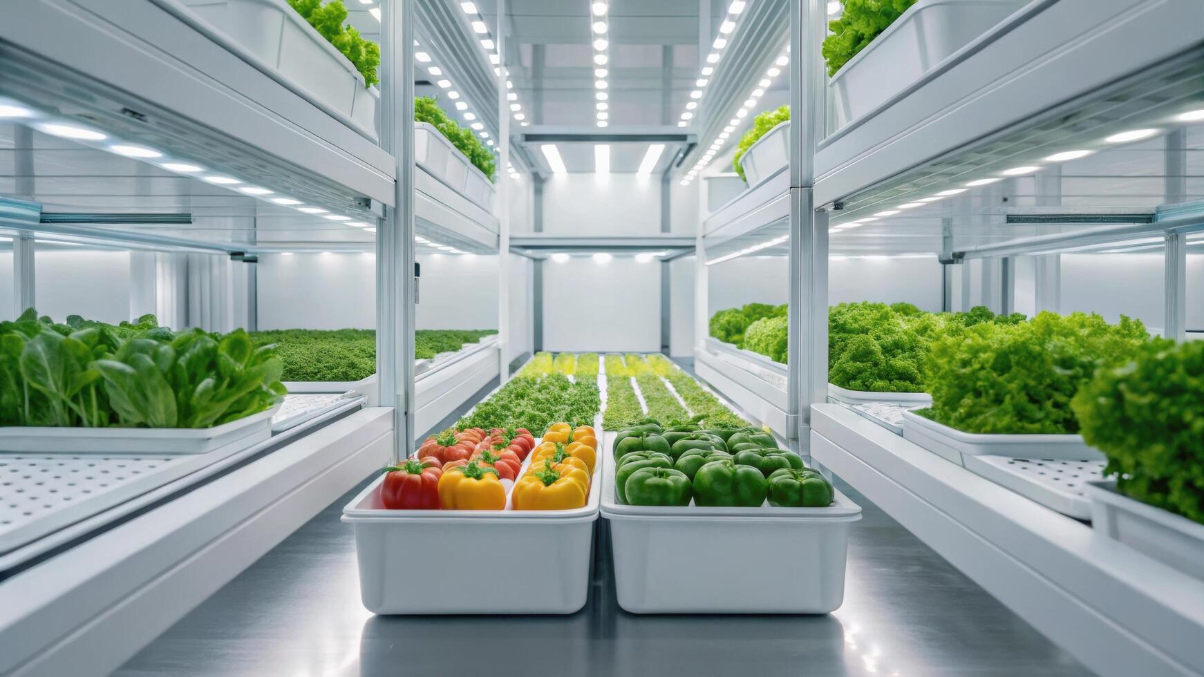 A large indoor farm with vegetables and lettuce photo