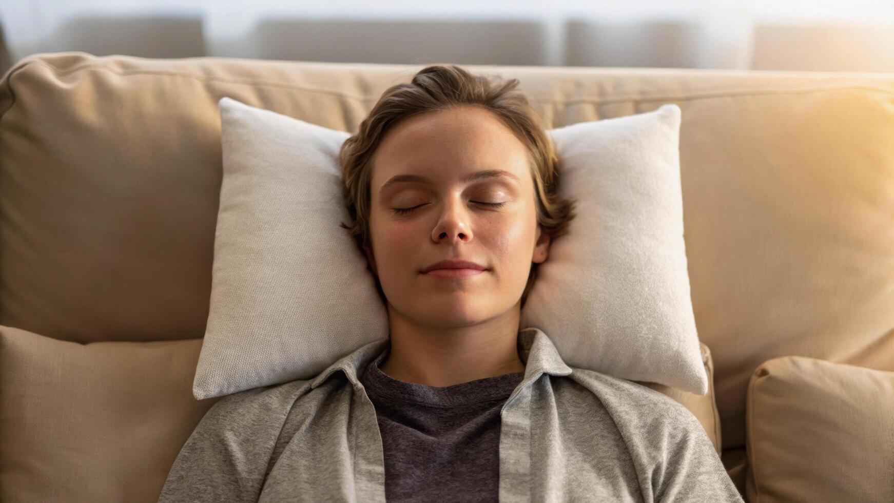 Person is lying on couch with eyes closed, appearing relaxed and peaceful. setting is cozy, with soft pillows and warm lighting, creating serene atmosphere photo