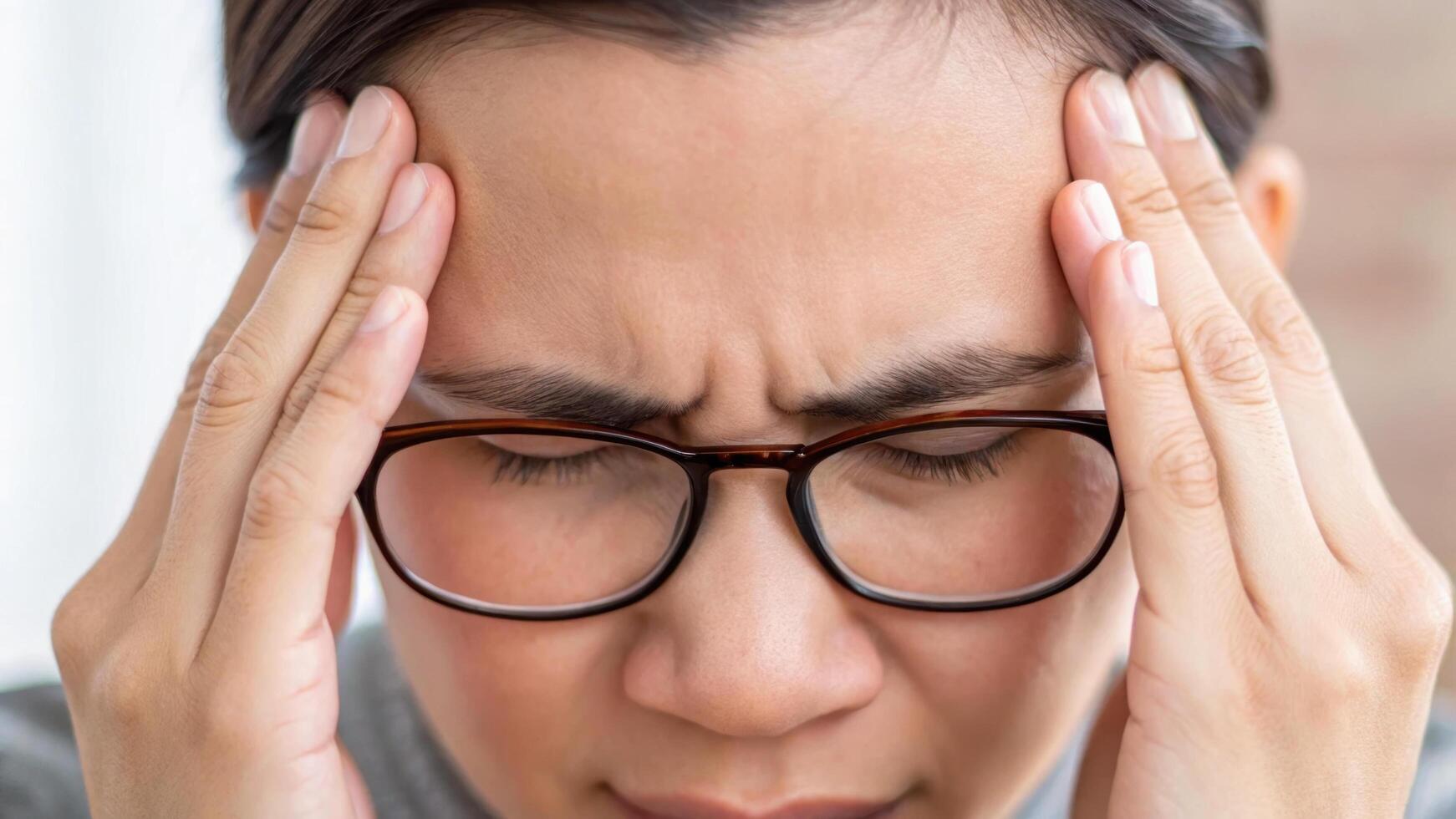 Person wearing glasses is rubbing their forehead, possibly experiencing stress or headache. close up captures their facial expression, conveying discomfort or tension photo