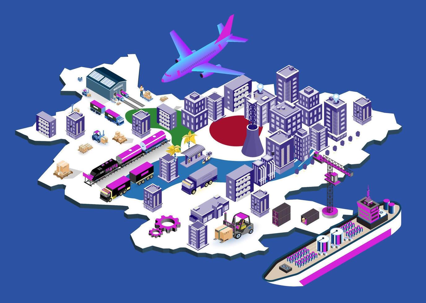 Isometric city map with transportation elements vector