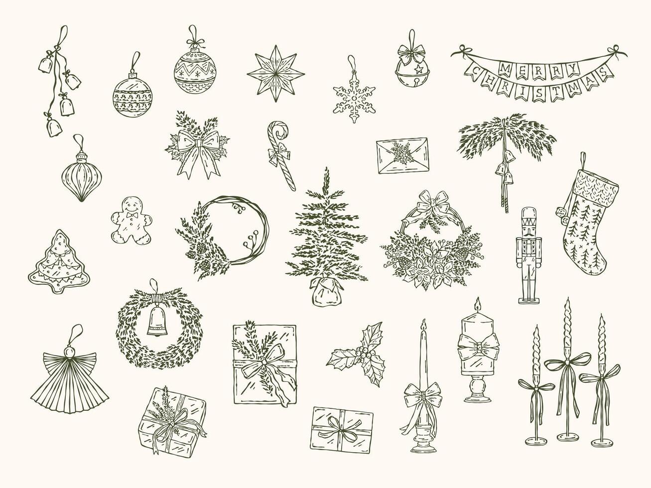 Hand drawn doodle set of Christmas decorations including candles wreaths ornaments and festive elements. Outline sketch style vector