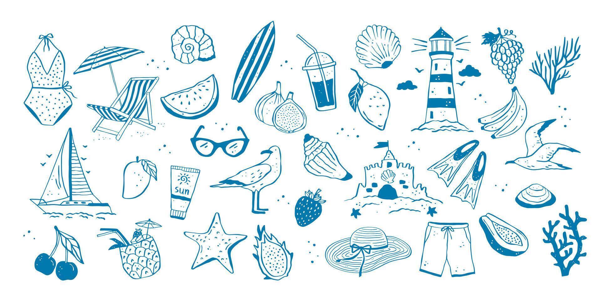 Set of hand-drawn beach accessories and summer vacation elements vector