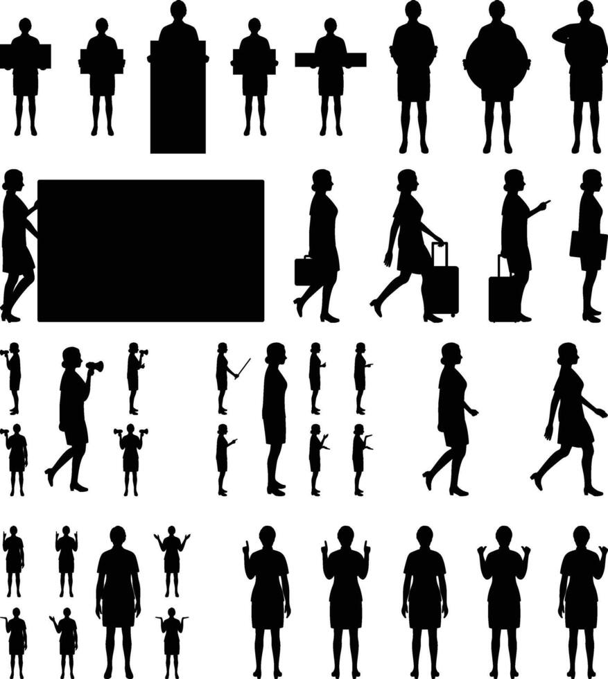 Silhouette of Woman in Multiple Action and Presentation Poses - Character Set. vector