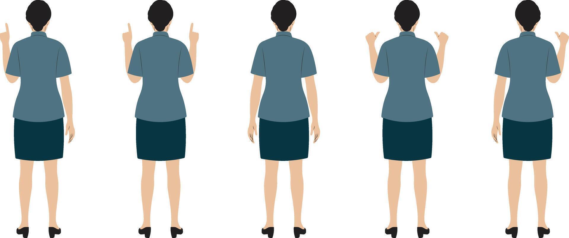 Female Character Back View with Hand Gestures - Set of Presentation, Education, and Infographics. vector
