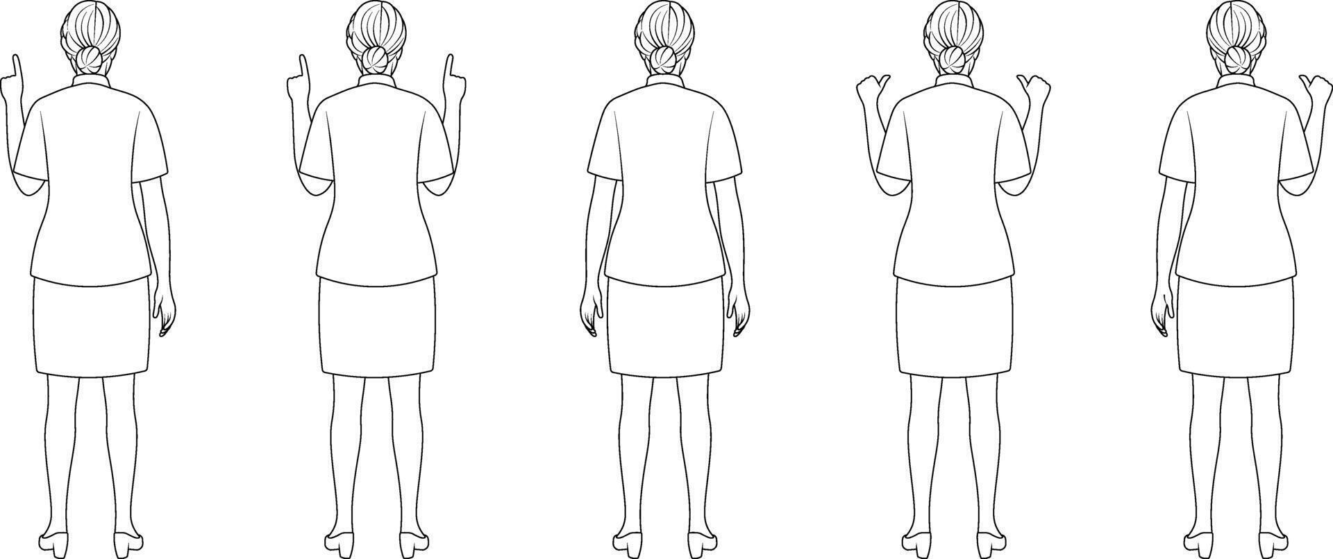 Female Character Outline Back View with Hand Gestures - Illustration Set for Presentation and Education. vector