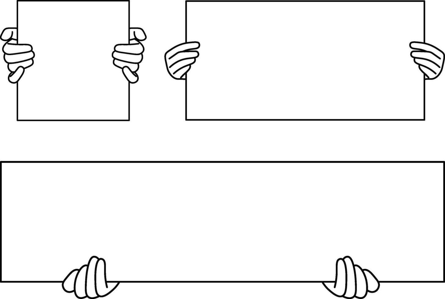 Hands Holding Blank Rectangular Signs, Outline for Messages and Announcements. vector
