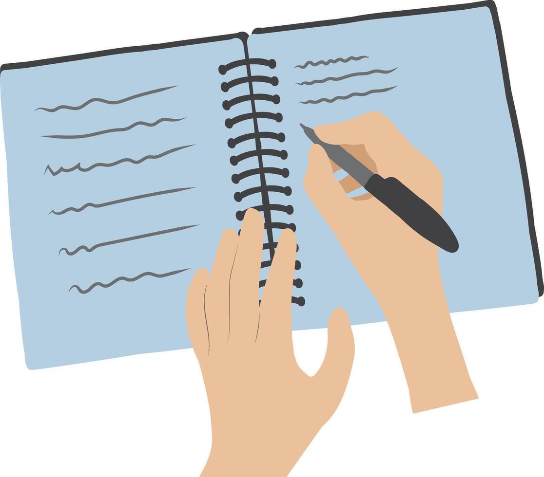 Top View of Hands Writing in Notebook - Study or Office Work Illustration. vector