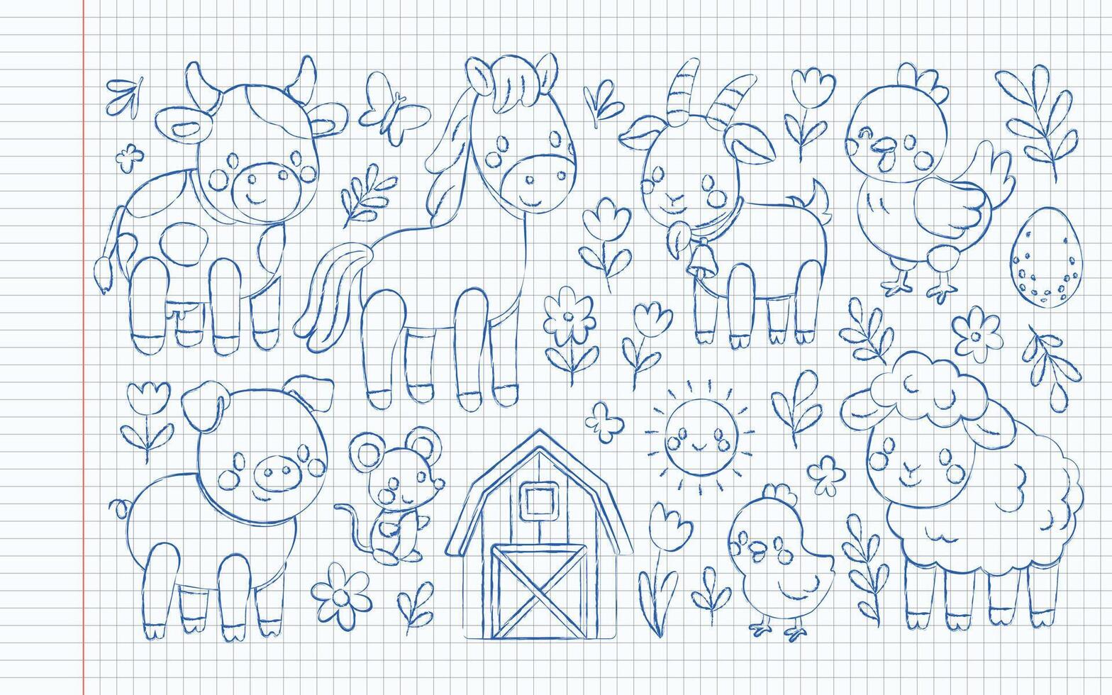 Farm animal doodles in sketch cartoon style with cow pig horse and chicken. Goat lamb and mouse play near the barn with grass and flower accents. Sunny and child-friendly notebook art vector