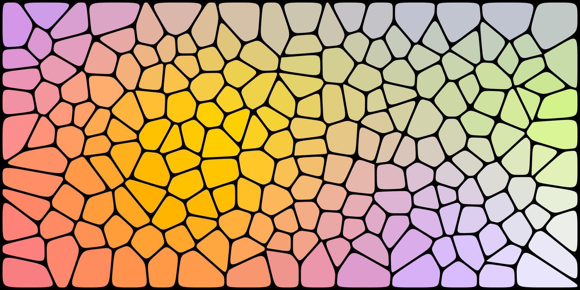 Colorful mosaic pattern with irregular polygonal tiles, transitioning smoothly through a pastel rainbow gradient and outlined in bold black lines. vector
