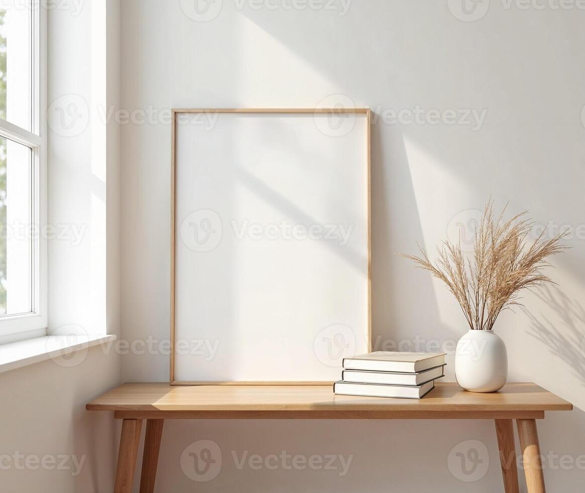 Empty frame on table, books, vase of dried flowers, shadows on wall, for mockups and art projects photo