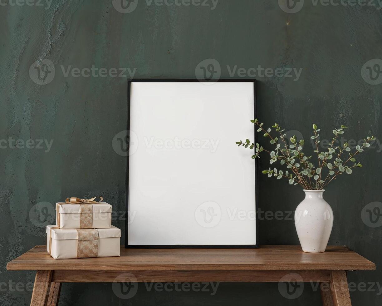 Mock up poster frame in modern interior background, Blank frame mock up with copy space on table photo