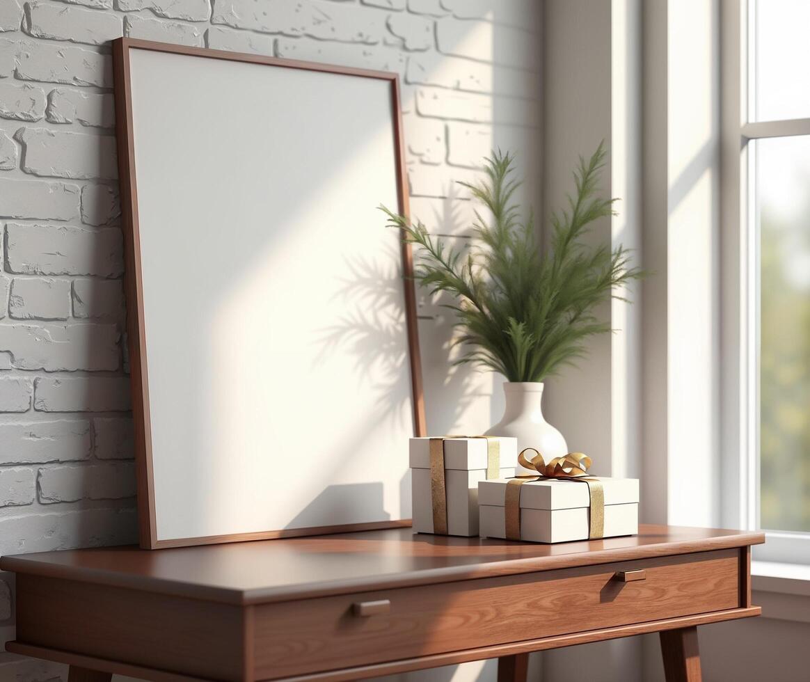 Mock up poster frame in modern interior background, wooden table with blank frame and gifts photo