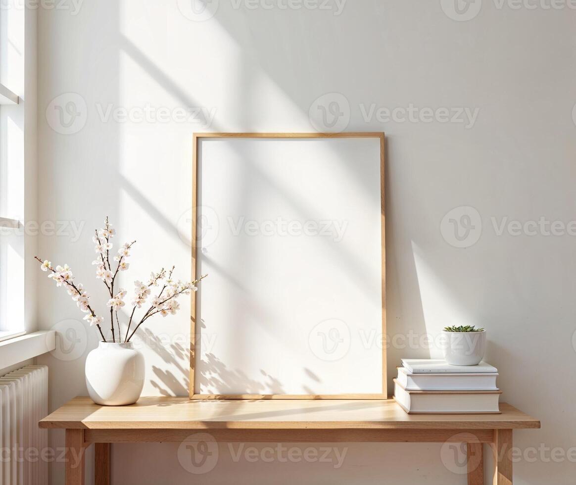 Empty frame on wooden table, vase of flowers, books, shadows on wall, for mockups and art projects photo