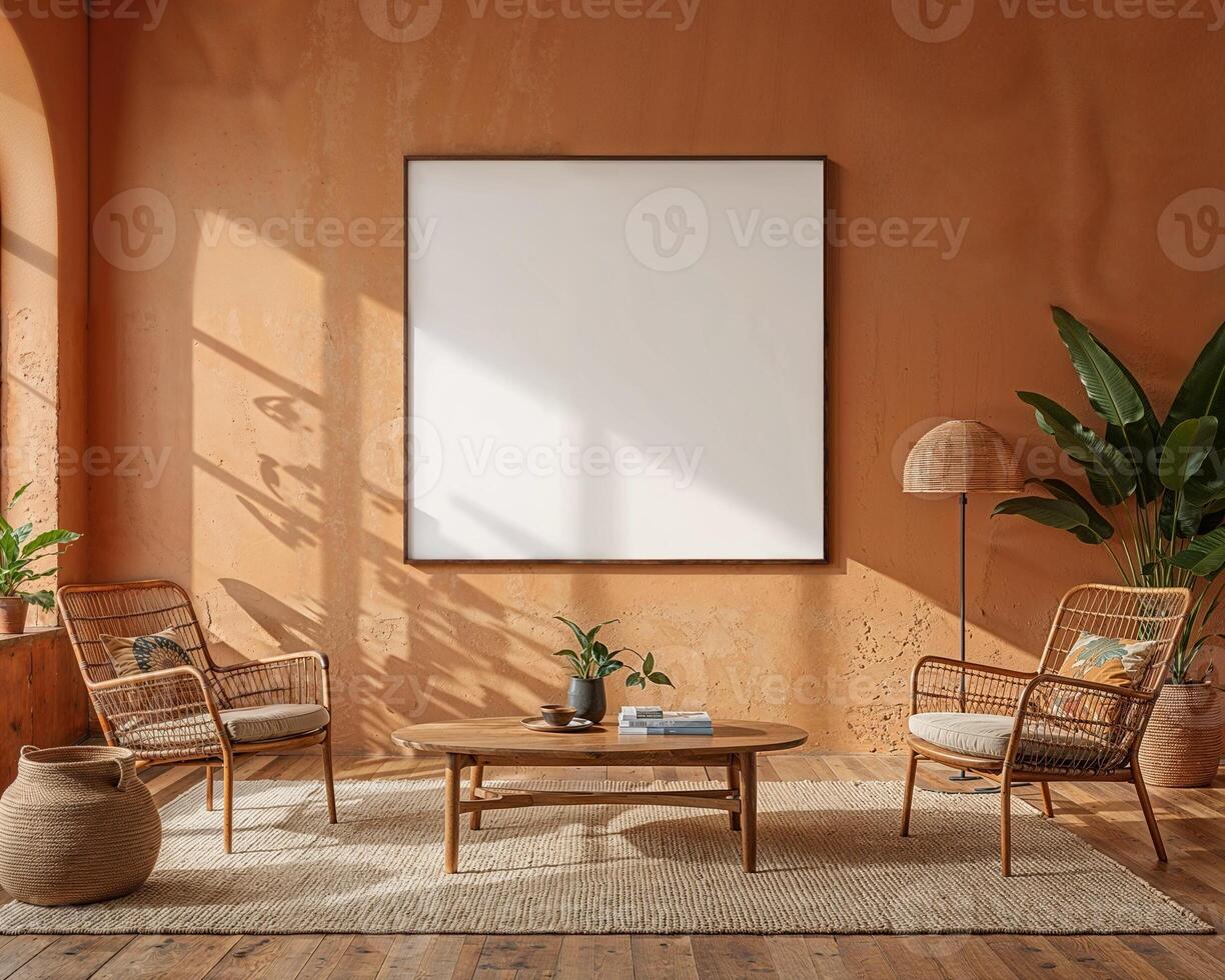 Mock up poster frame in modern interior background, living room with empty frame and decor elements photo