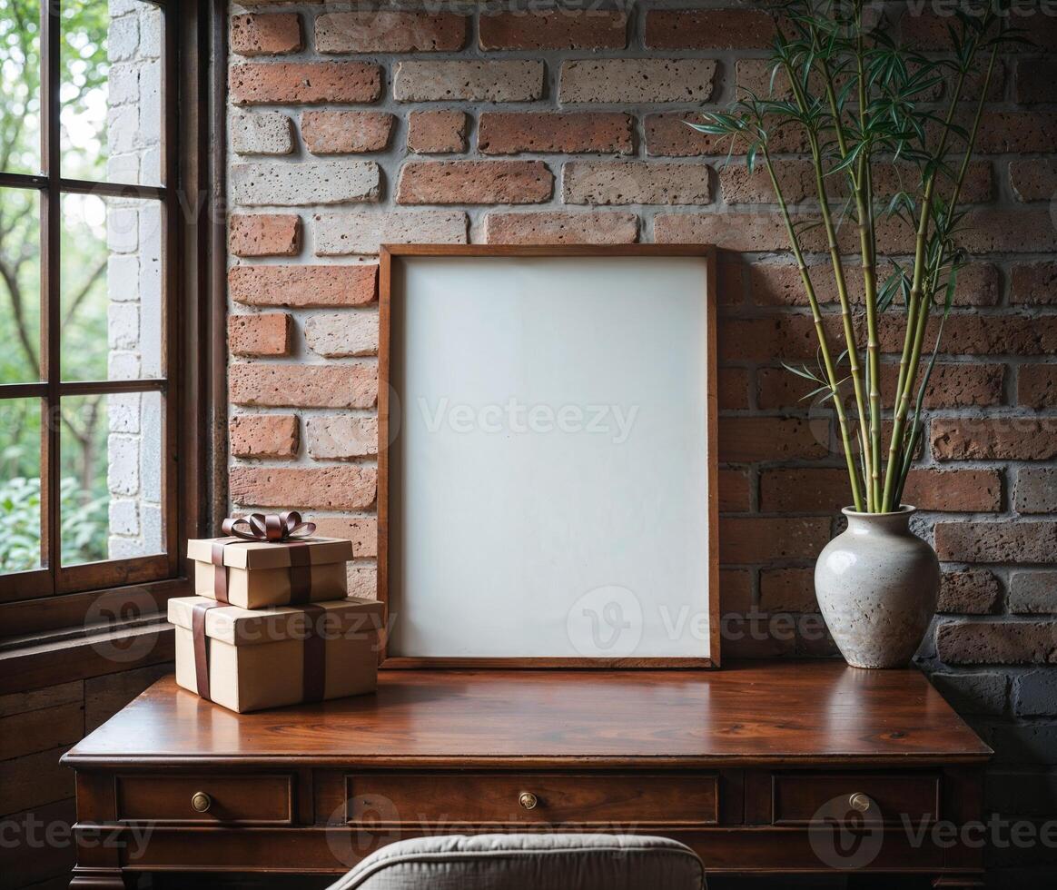 Mock up poster frame in modern interior background, Empty frame on wooden desk with gifts photo