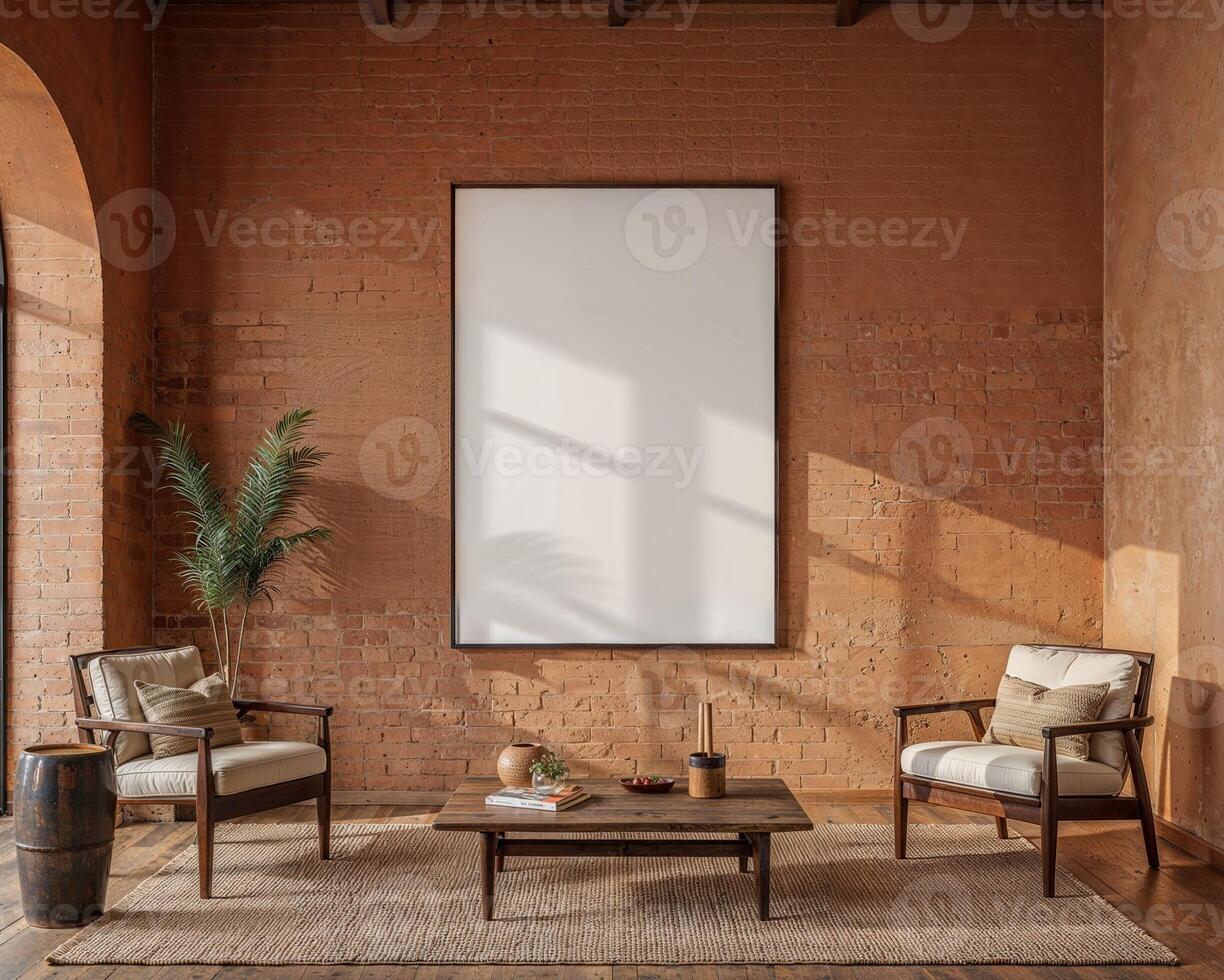 Mock up poster frame in modern interior background, living room with empty frame and light ambiance photo