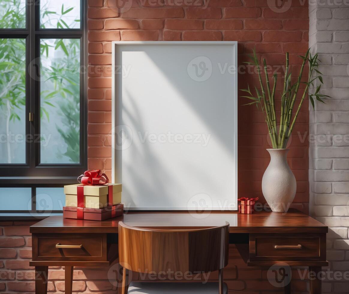 Mock up poster frame in modern interior background, workspace with empty frame and gifts on desk photo