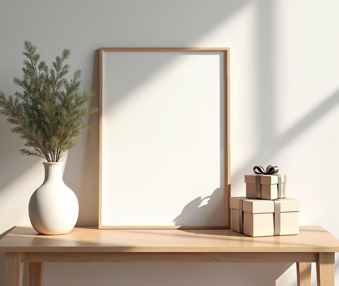 Mock up poster frame in modern interior background with empty frame, vase, and gift boxes photo