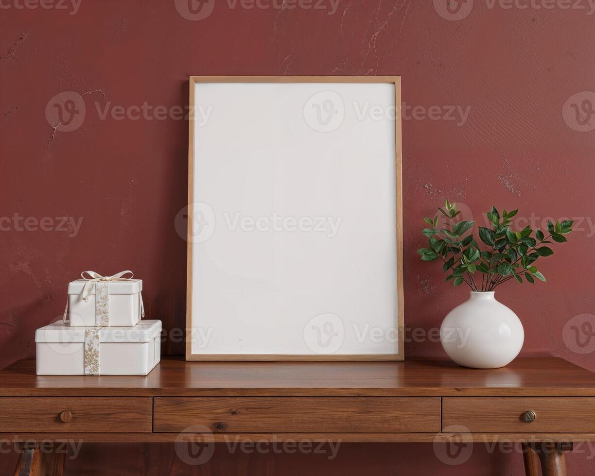Mock up poster frame in modern interior background with copy space on wooden table photo