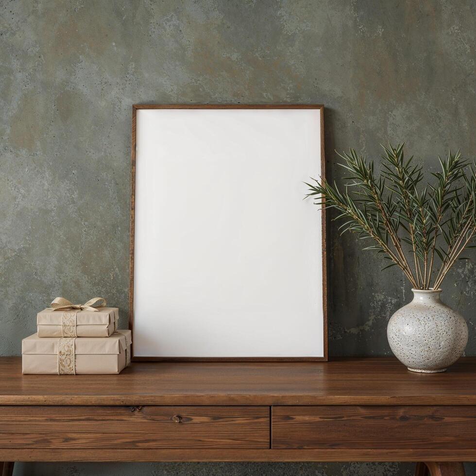 Mock up poster frame in modern interior background with copy space for design on table with gifts photo