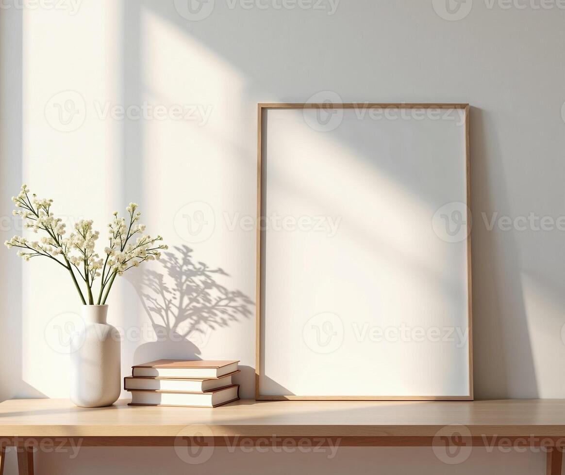 Empty frame on wooden table, books, vase of flowers, shadows on wall, for mockups and art projects. photo