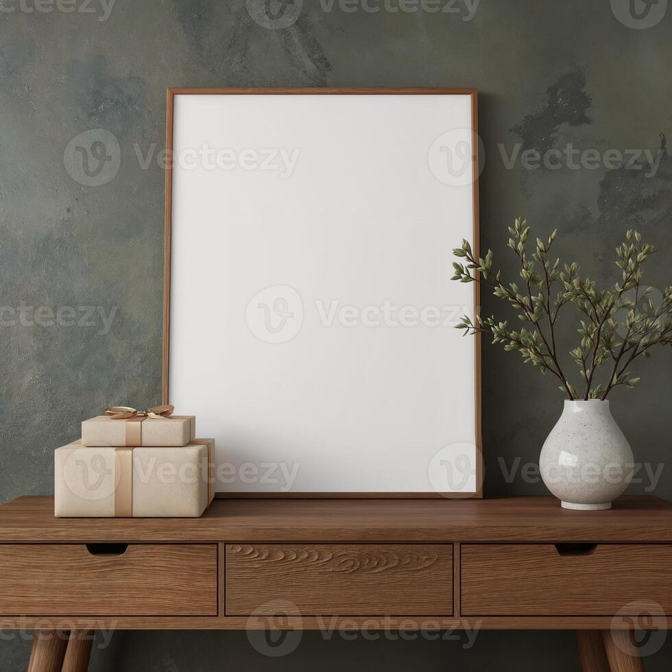 Mock up poster frame in modern interior background with blank frame and decorative elements on table photo