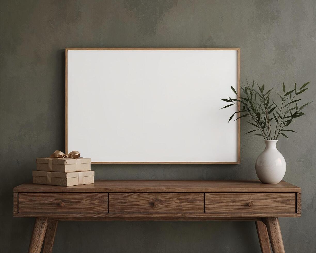 Mock up poster frame in modern interior background with wooden table and empty frame for design photo