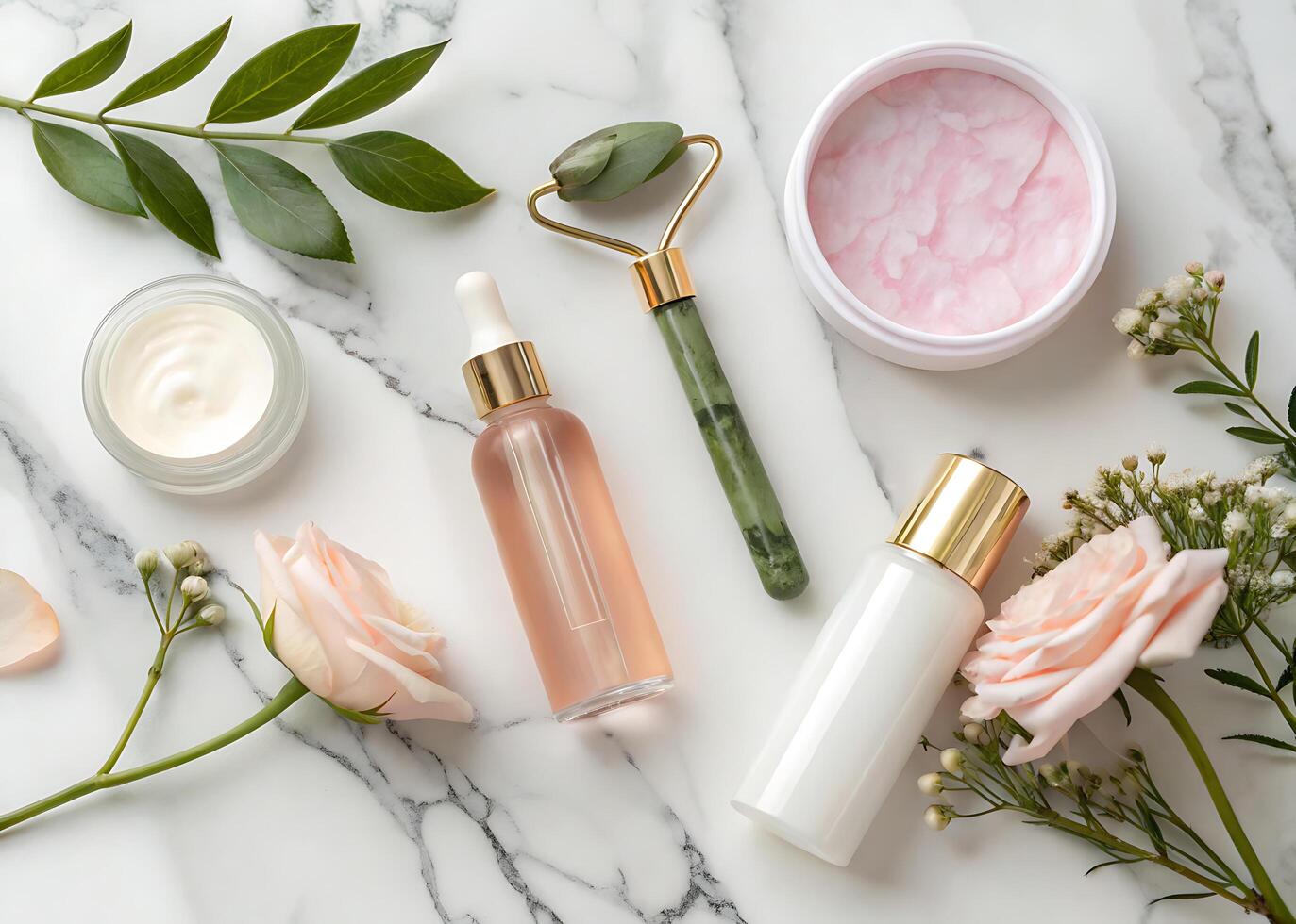 cream on a marble surface. Elegant flat lay of premium skincare products on marble background. Glass bottles with serums photo
