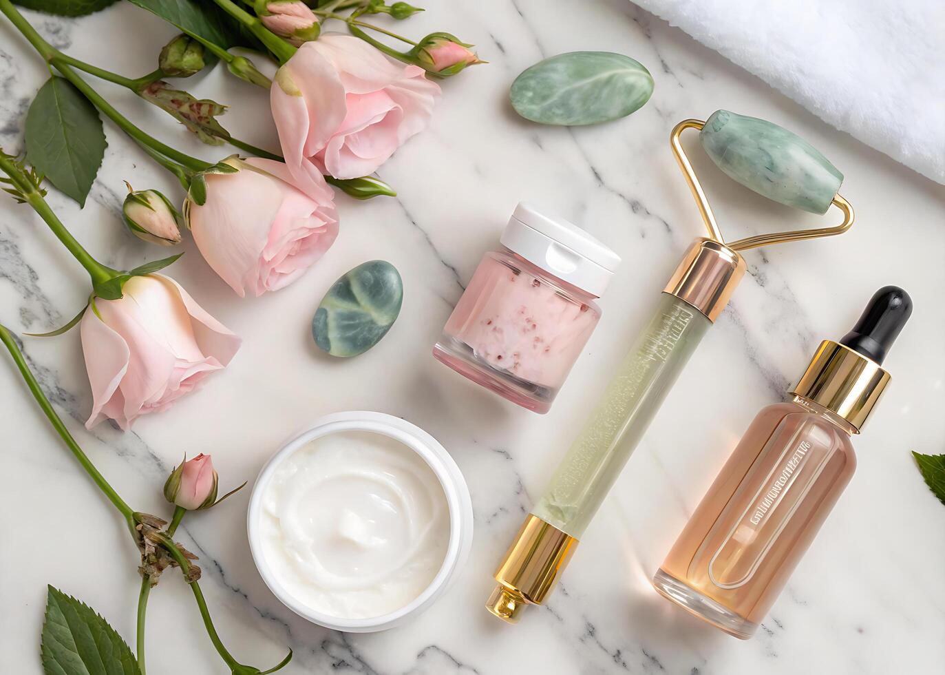 Elegant flat lay of premium skincare products on marble background. Glass bottles with serums photo