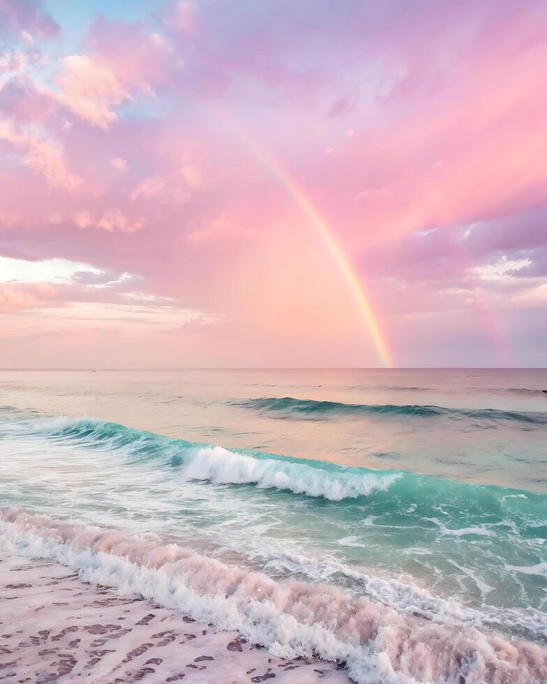 rainbow over the water. Modern holographic background with dynamic waves and iridescent sparkles, created specifically for social networks photo