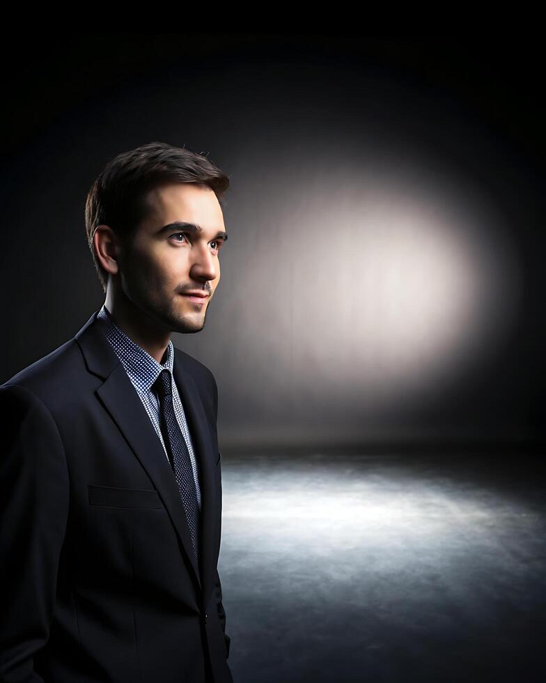 man on a dark background. Black and gold abstract background in a minimalist style with luxurious lighting effects. photo