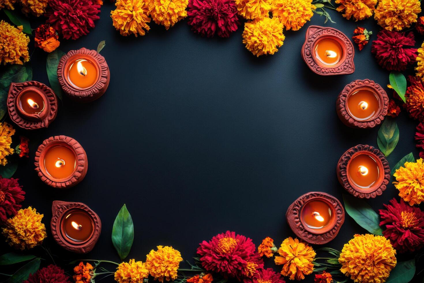 Lit earthen diya lamps rest amid vibrant yellow and red marigold flowers beautifully frame dark surface photo