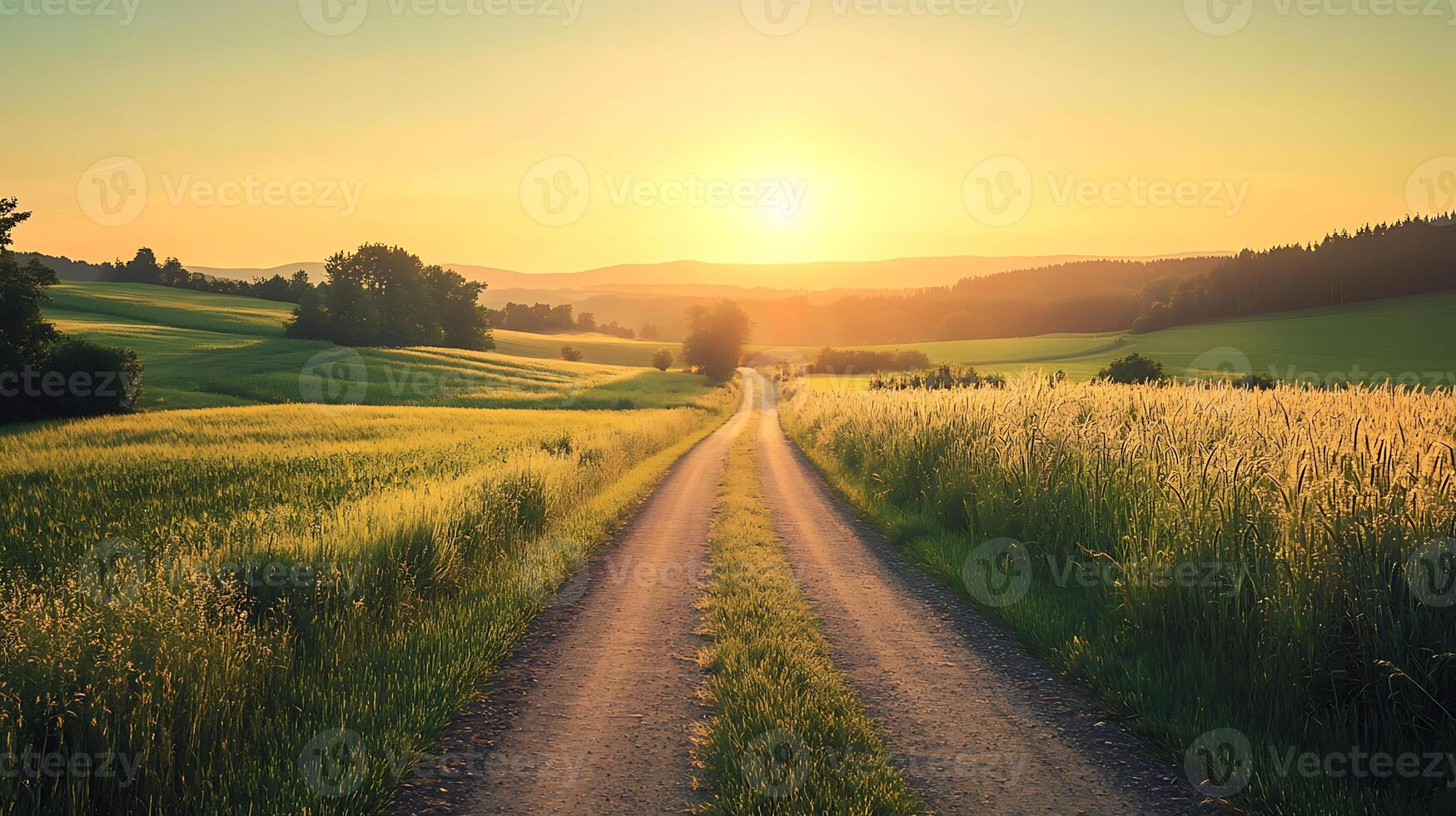 High-definition image of a winding rural road cutting through vibrant grassy fields at sunrise. The warm light casts long shadows and creates a golden glow across the natural scene photo