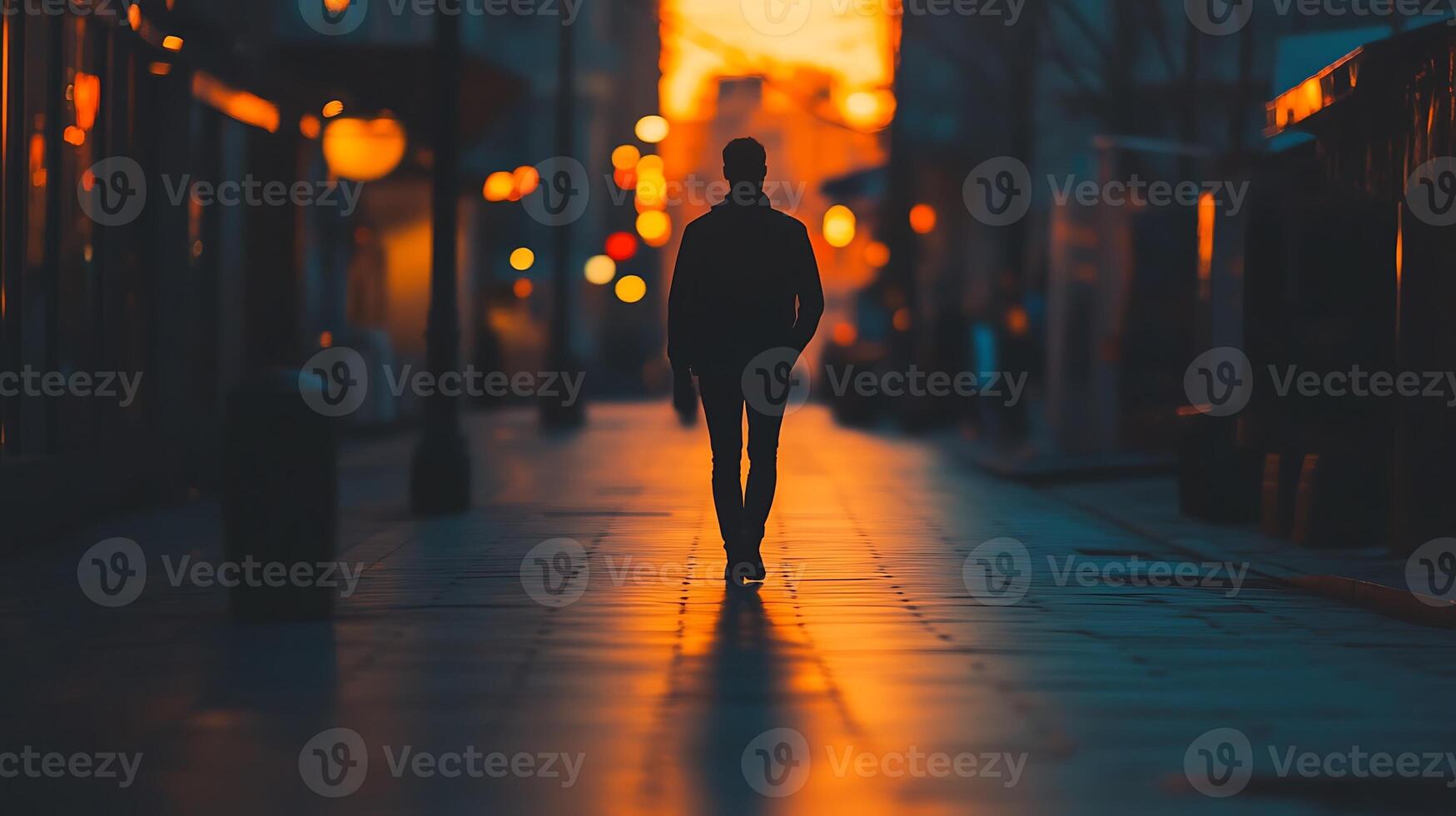 A person walking alone on a quiet street at dusk, their shadow long and the lights glowing orange, cinematic realism, film grain aesthetic photo